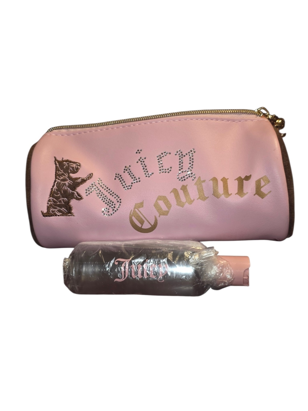 NWOT Juicy Couture Pink Barrel Makeup Pouch Case with Travel Bottle